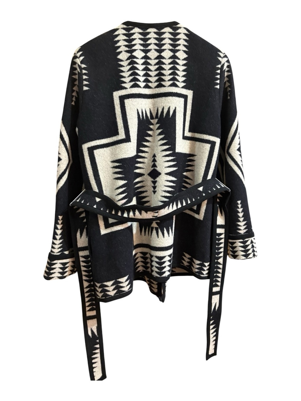 PENDLETON Neskowin Wool Wrap Black & Ivory Geometric Shawl-Collar Belted Jacket - Picture 7 of 7